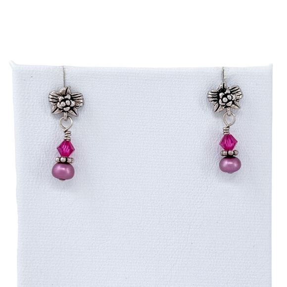 Estate Sterling Silver 925 Purple Pearl Pink Crystal Floral Dangle Earrings - Picture 3 of 6